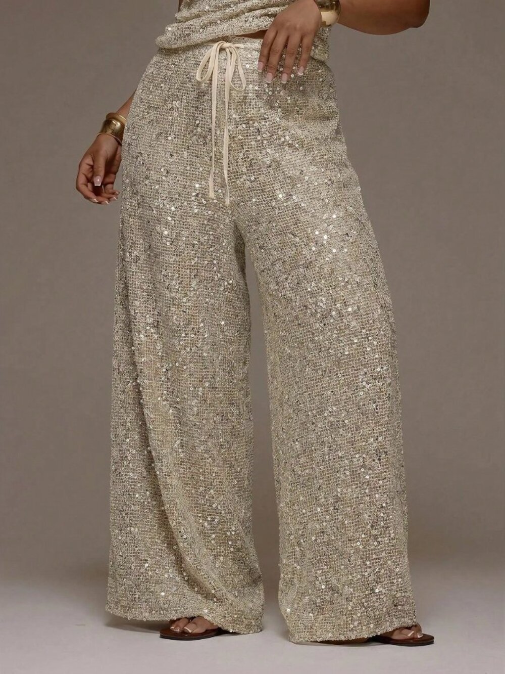 Cream Casual Women's Plus Size Sequin Knit Mid Rise Tie Waist Wide Leg Trousers - Picture 3 of 5